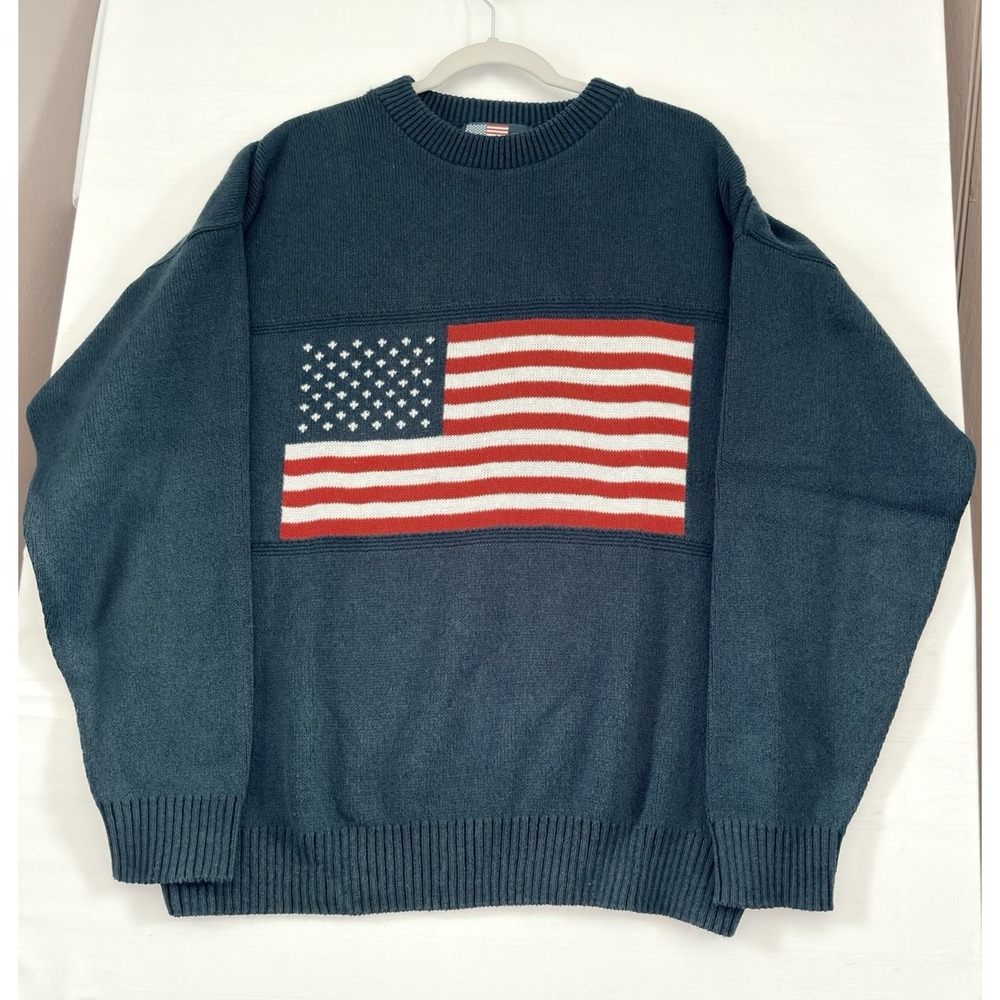 Stars and Stripes Vintage USA Flag Sweater Mens Navy Knit Made USA Large